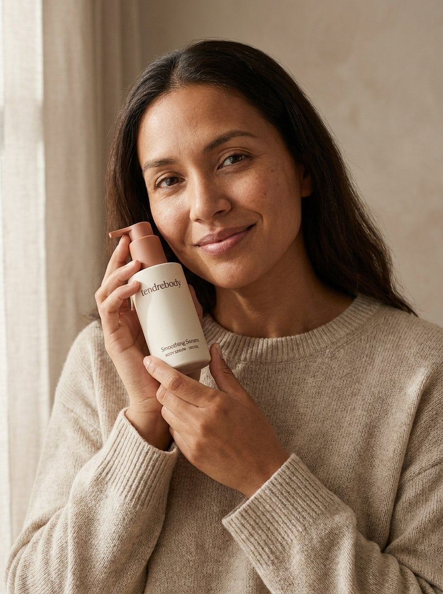 Lena, founder of tendrebody, holding the Smoothing Serum